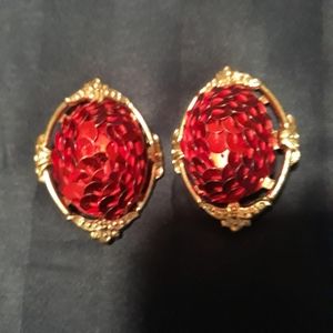 Vintage red sequin clip on earring